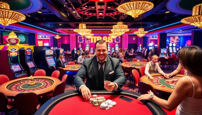 Action-packed scene of players enjoying high-stakes games at tr88 casino with vibrant tables and excitement.