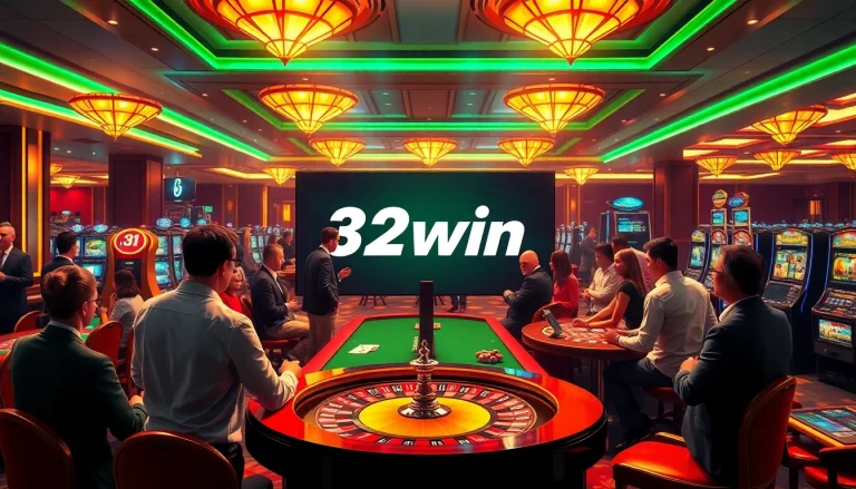 Players winning big at 32win casino, showcasing vibrant gaming experiences with poker chips and roulette.