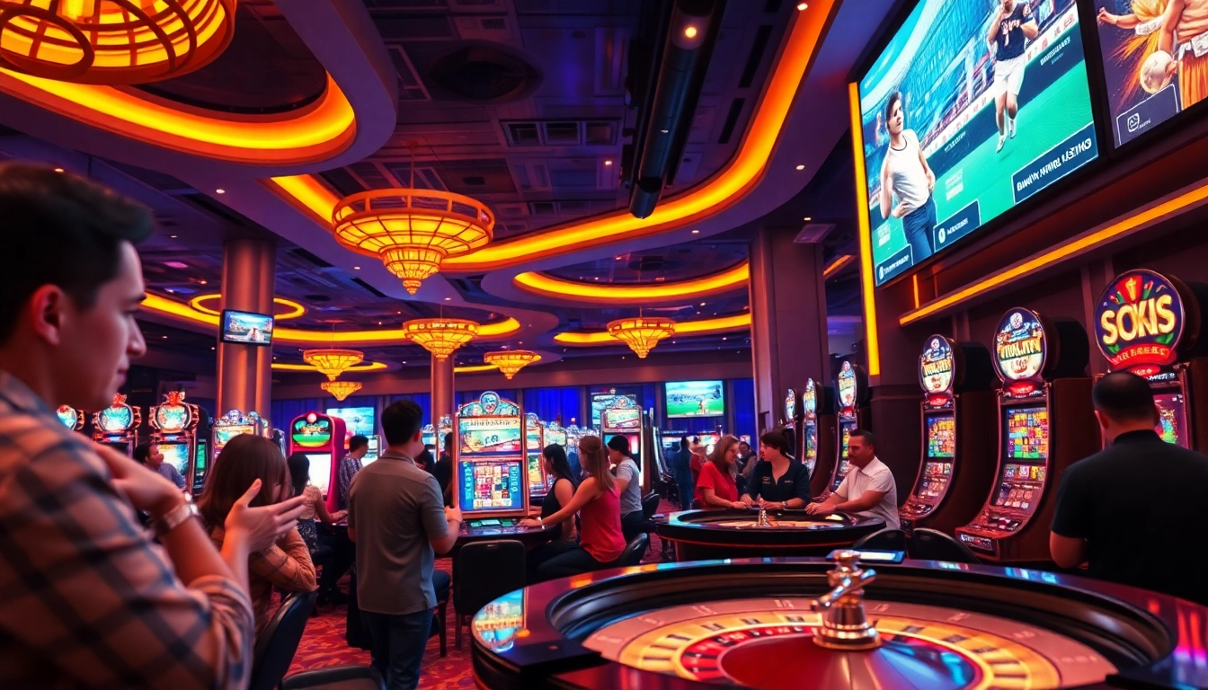 Experience the thrilling atmosphere of winvn88.live with dynamic gaming scenes in a modern casino.