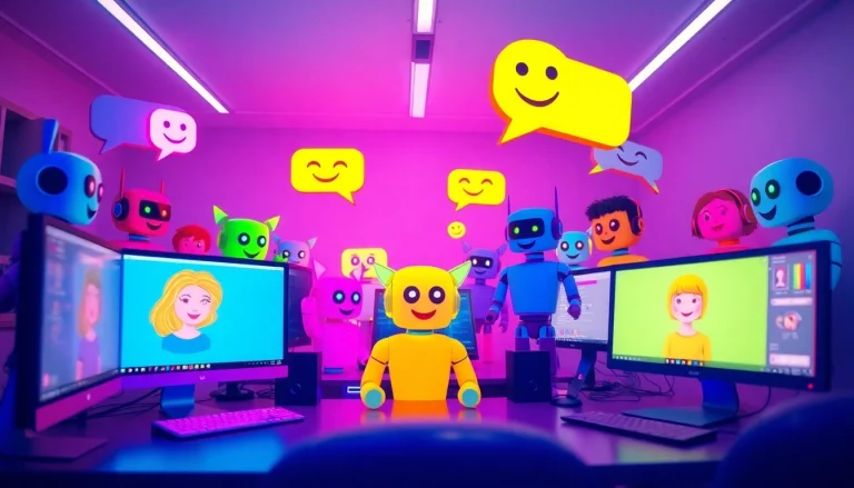 A lively digital workspace showcasing diverse NSFW chat bots interacting in a vibrant virtual environment.