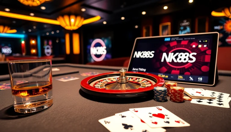 Experience NK88S with vibrant casino excitement surrounding poker chips and cards.
