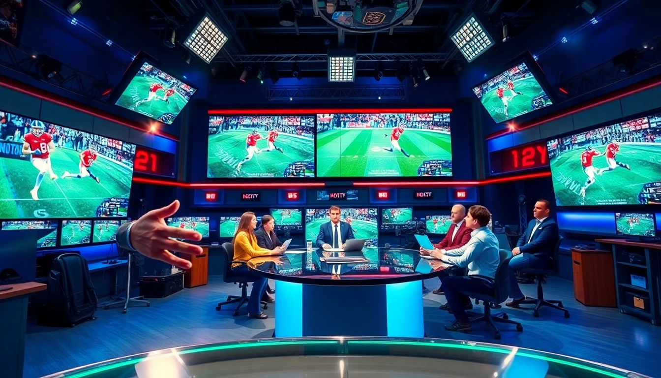 Engaging sports broadcasting studio showcasing live event analysis and vibrant host interactions.