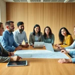 Engaged team at a construction membership association meeting discussing plans in a bright space.