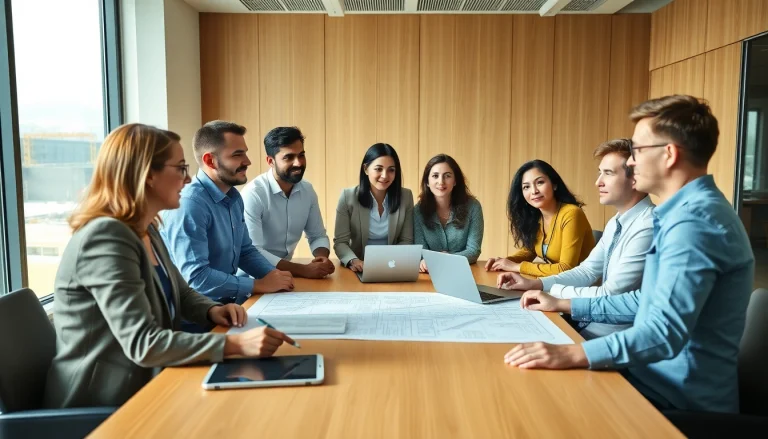 Engaged team at a construction membership association meeting discussing plans in a bright space.