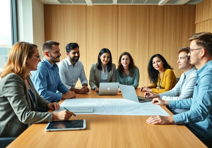 Engaged team at a construction membership association meeting discussing plans in a bright space.