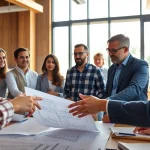 Engaged team at a construction member organization collaborating over blueprints in a professional setting.