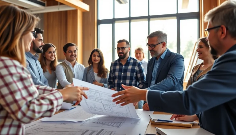 Engaged team at a construction member organization collaborating over blueprints in a professional setting.