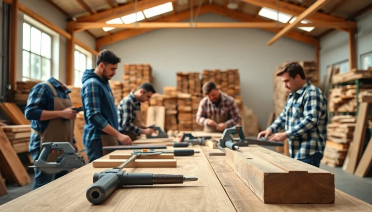 Engaged apprentices in a carpentry apprenticeship working with tools in a bright workshop.