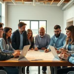 Construction member organization collaborating in a modern office with blueprints and technology.