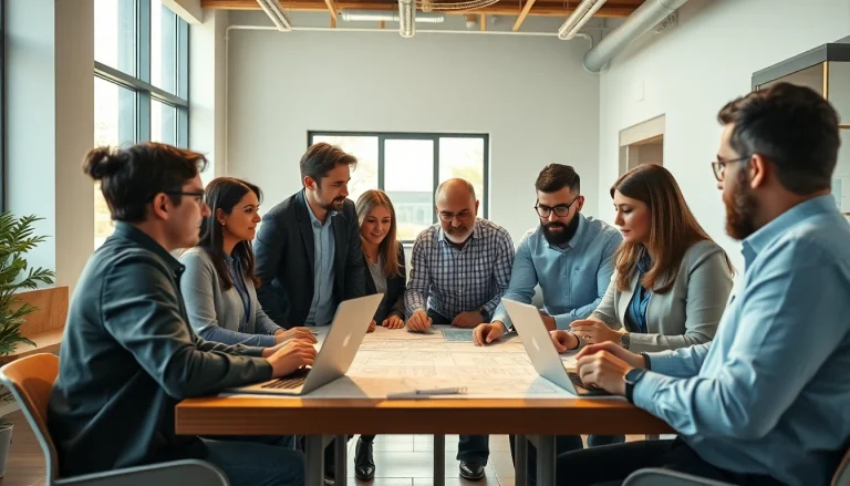 Construction member organization collaborating in a modern office with blueprints and technology.