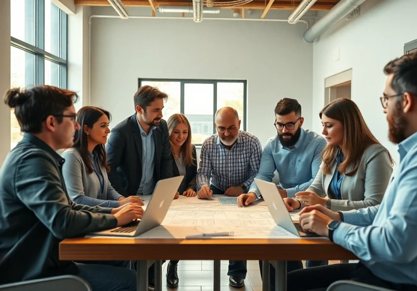 Construction member organization collaborating in a modern office with blueprints and technology.