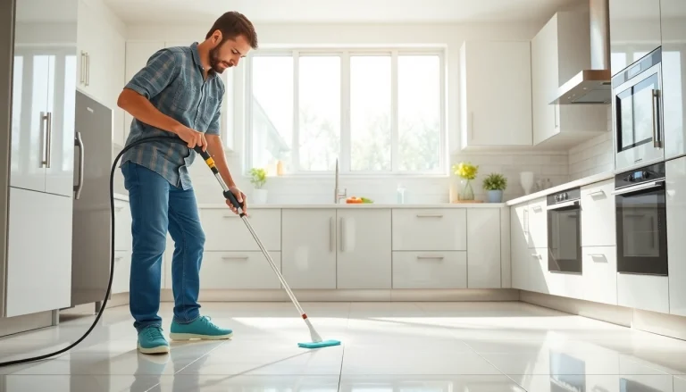 Expert tile cleaners near me scrubbing tiles for a sparkling kitchen look.