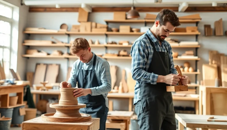 Artisans participating in craft training programs while perfecting their skills in woodworking and pottery.